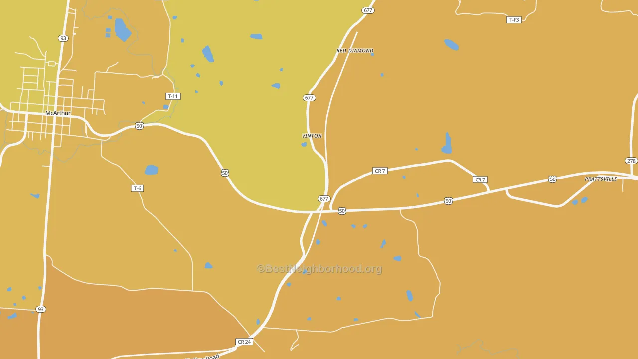 Map of the best neighborhoods in the Red Diamond area, with better matches in green and worse matches in red