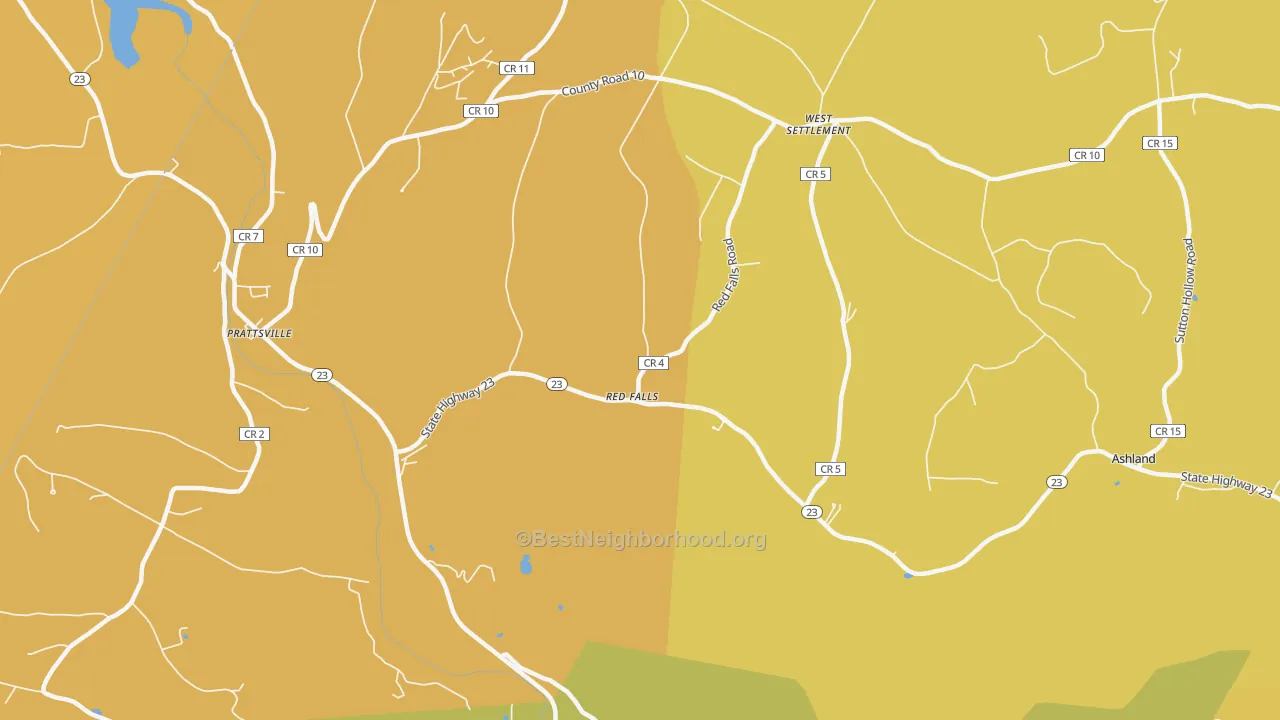 Map of the best neighborhoods in the Red Falls area, with better matches in green and worse matches in red