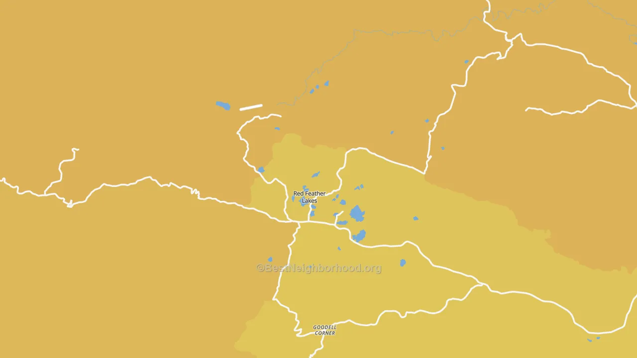 Map of the best neighborhoods in the Red Feather Lakes area, with better matches in green and worse matches in red