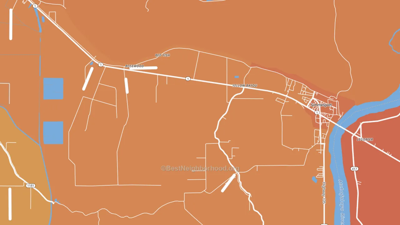 Map of the best neighborhoods in the Red Fish area, with better matches in green and worse matches in red