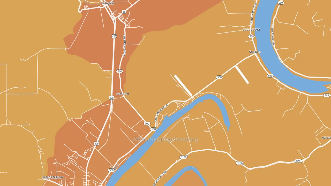 Map of the best neighborhoods in the Red Gum area, with better matches in green and worse matches in red