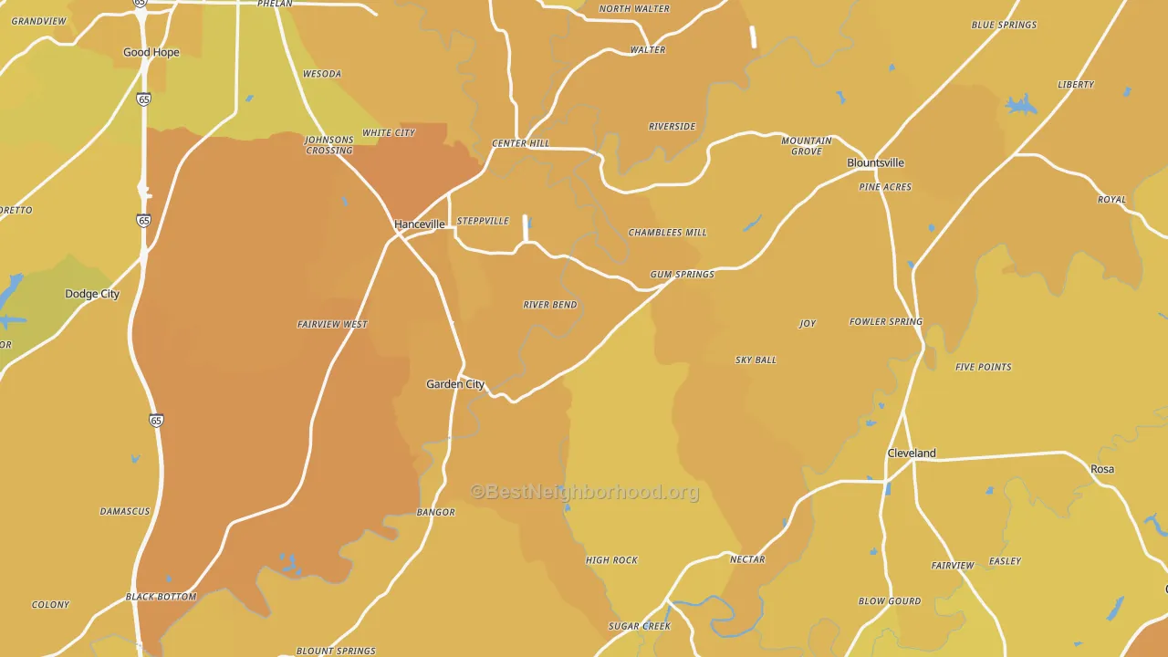 Map of the best neighborhoods in the Red Hill area, with better matches in green and worse matches in red