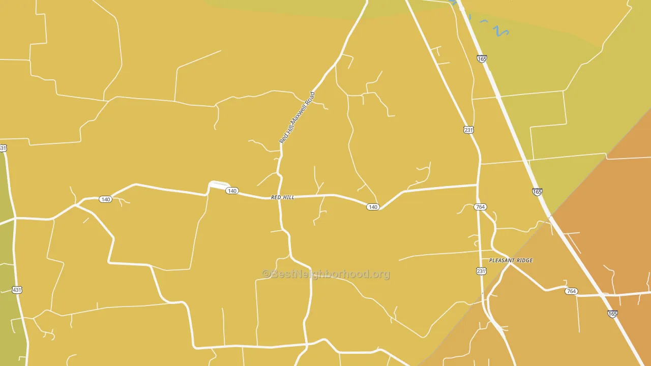 Map of the best neighborhoods in the Red Hill area, with better matches in green and worse matches in red