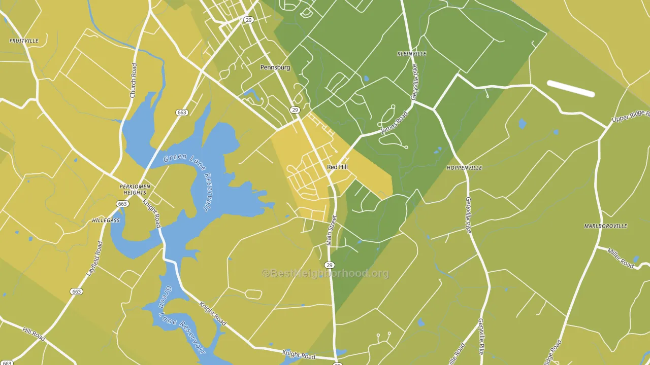 Map of the best neighborhoods in the Red Hill area, with better matches in green and worse matches in red