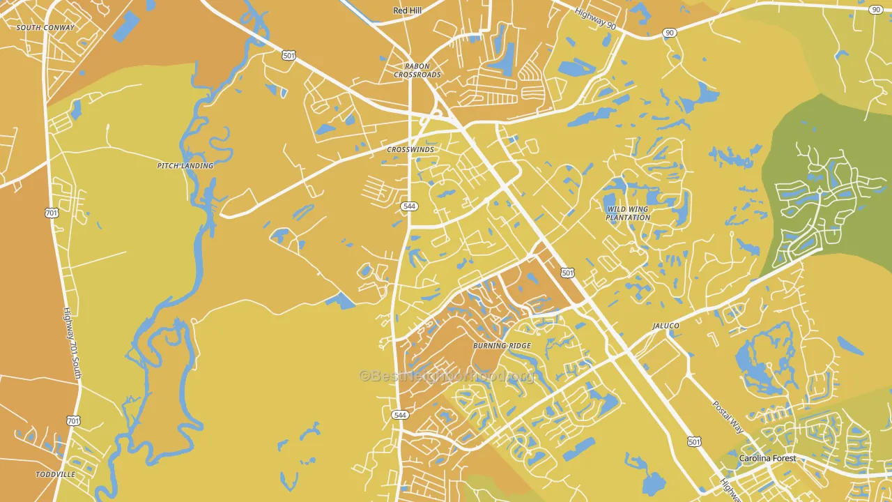 Map of the best neighborhoods in the Red Hill area, with better matches in green and worse matches in red
