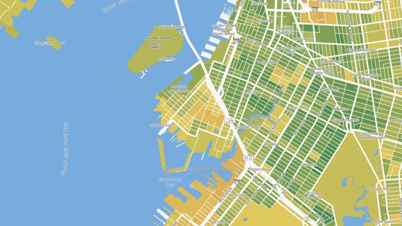 Map of the best neighborhoods in the Red Hook, Brooklyn area, with better matches in green and worse matches in red