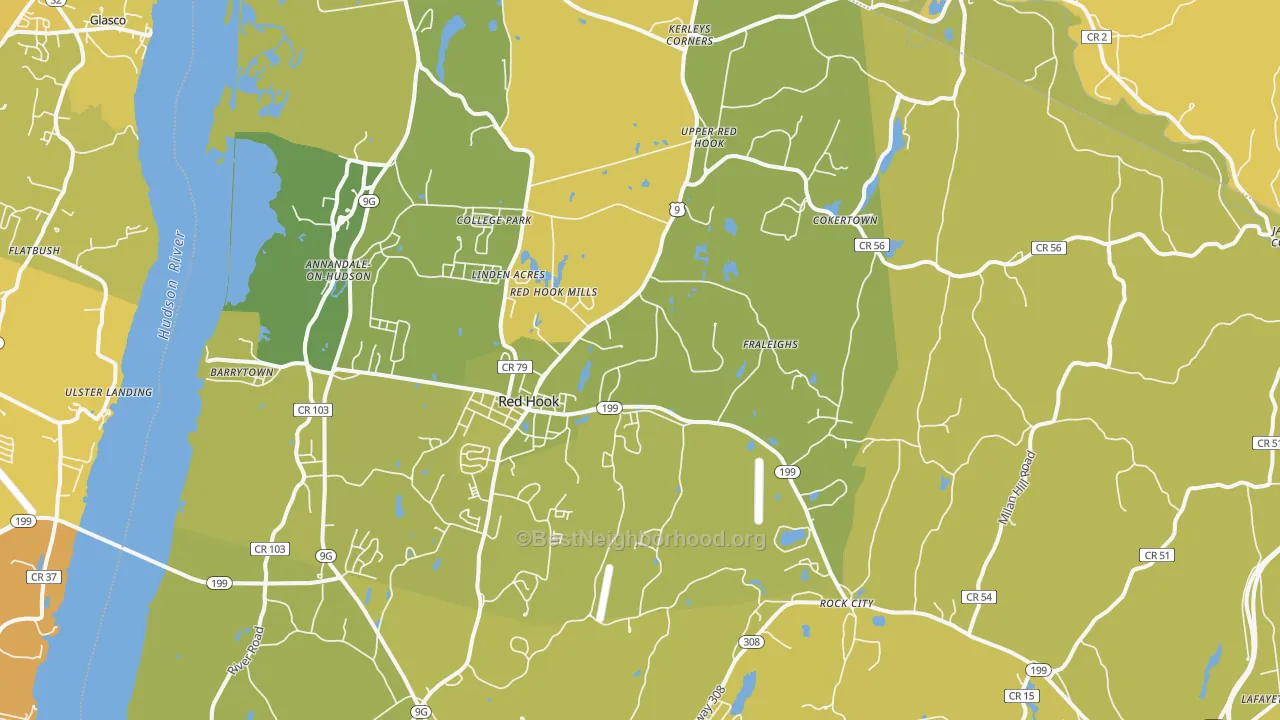Map of the best neighborhoods in the Red Hook area, with better matches in green and worse matches in red