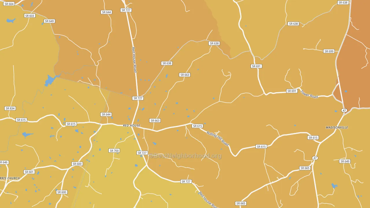 Map of the best neighborhoods in the Red House area, with better matches in green and worse matches in red