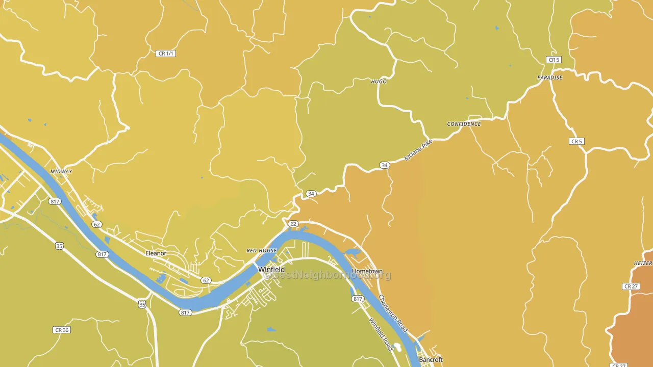 Map of the best neighborhoods in the Red House area, with better matches in green and worse matches in red