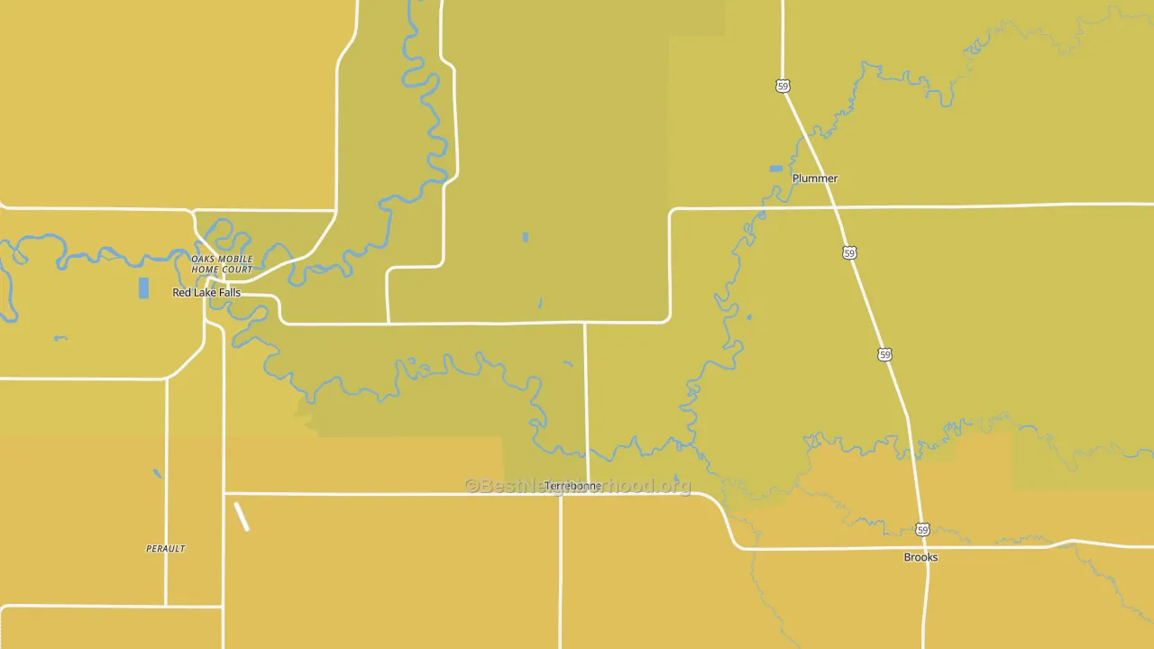 Map of the best neighborhoods in the Red Lake County area, with better matches in green and worse matches in red