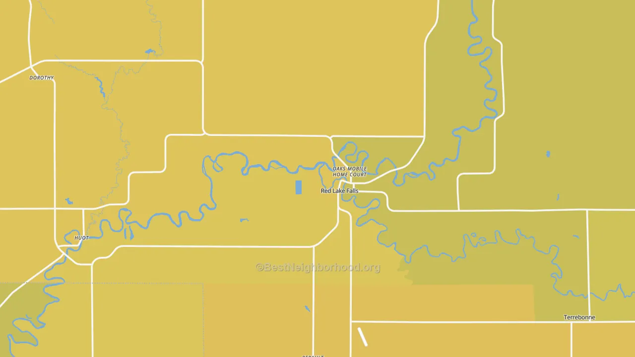 Map of the best neighborhoods in the Red Lake Falls area, with better matches in green and worse matches in red