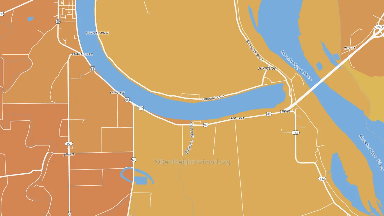Map of the best neighborhoods in the Red Leaf area, with better matches in green and worse matches in red