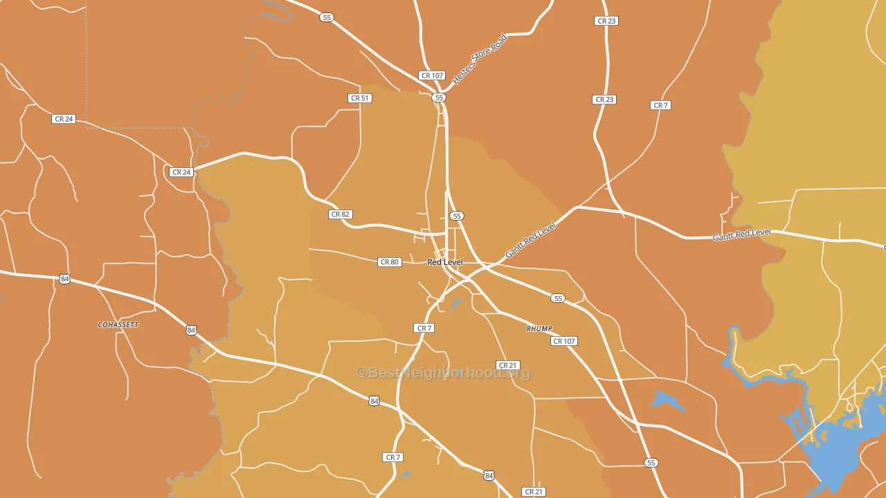 Map of the best neighborhoods in the Red Level area, with better matches in green and worse matches in red