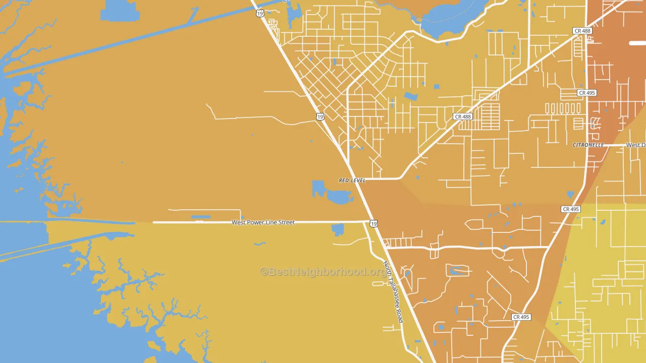 Map of the best neighborhoods in the Red Level area, with better matches in green and worse matches in red