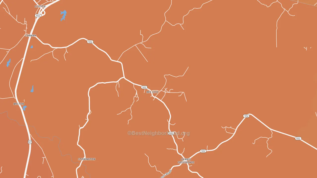 Map of the best neighborhoods in the Red Lick area, with better matches in green and worse matches in red