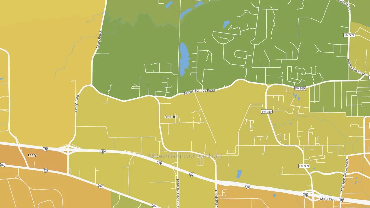 Map of the best neighborhoods in the Red Lick area, with better matches in green and worse matches in red