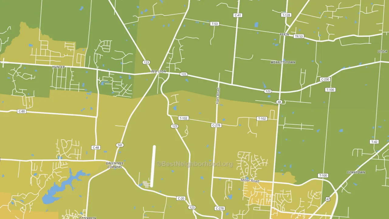 Map of the best neighborhoods in the Red Lion area, with better matches in green and worse matches in red
