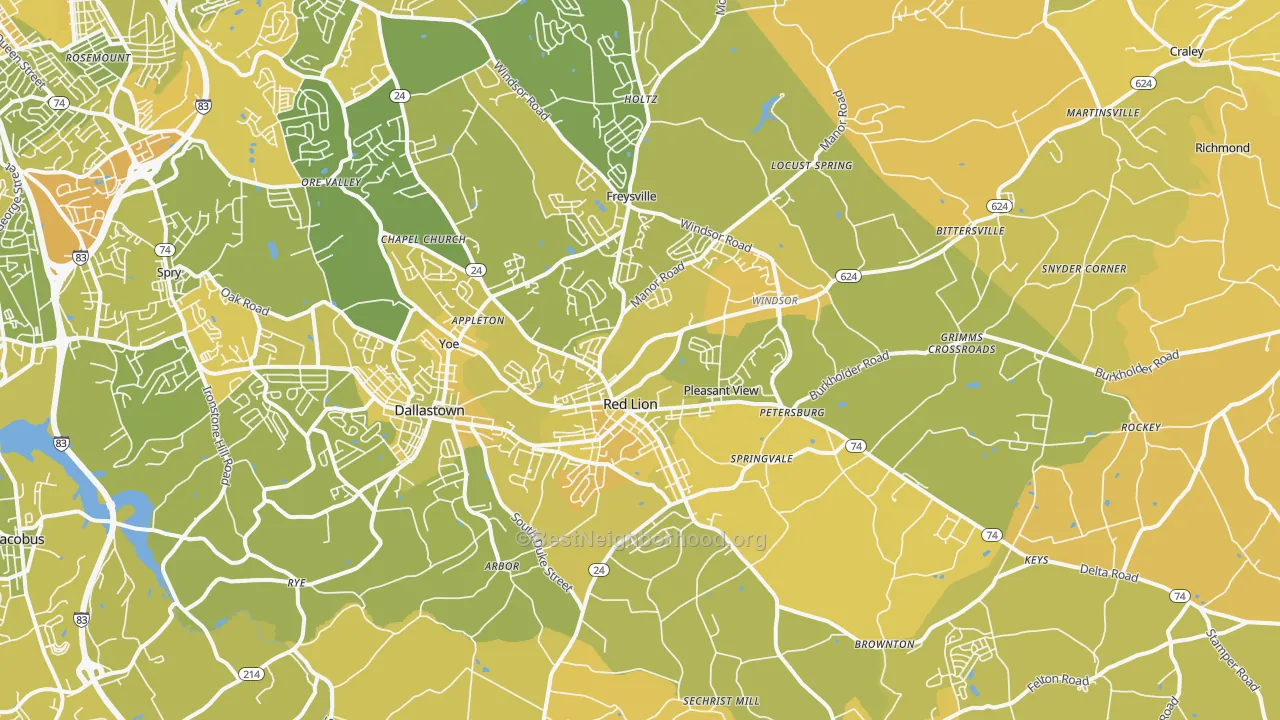 Map of the best neighborhoods in the Red Lion area, with better matches in green and worse matches in red
