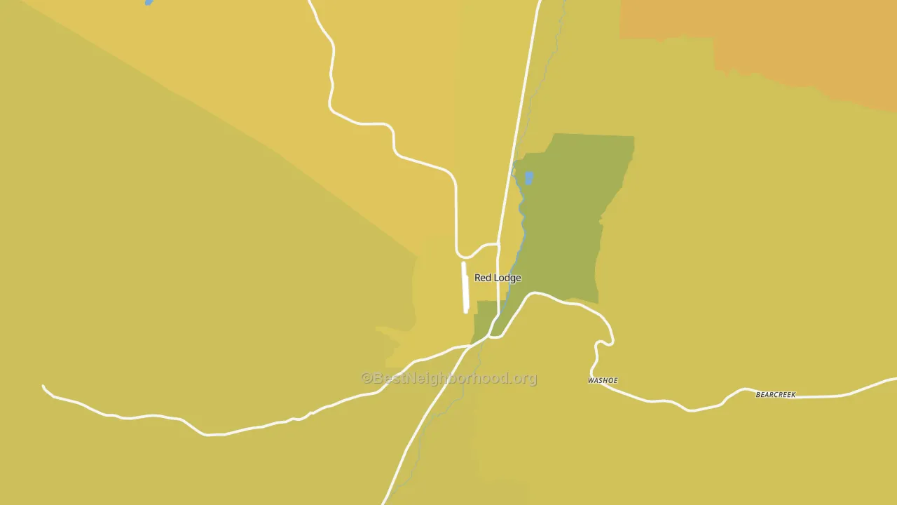 Map of the best neighborhoods in the Red Lodge area, with better matches in green and worse matches in red