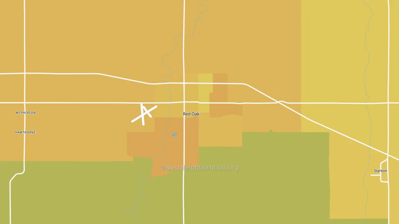 Map of the best neighborhoods in the Red Oak area, with better matches in green and worse matches in red