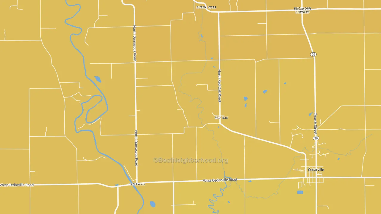 Map of the best neighborhoods in the Red Oak area, with better matches in green and worse matches in red