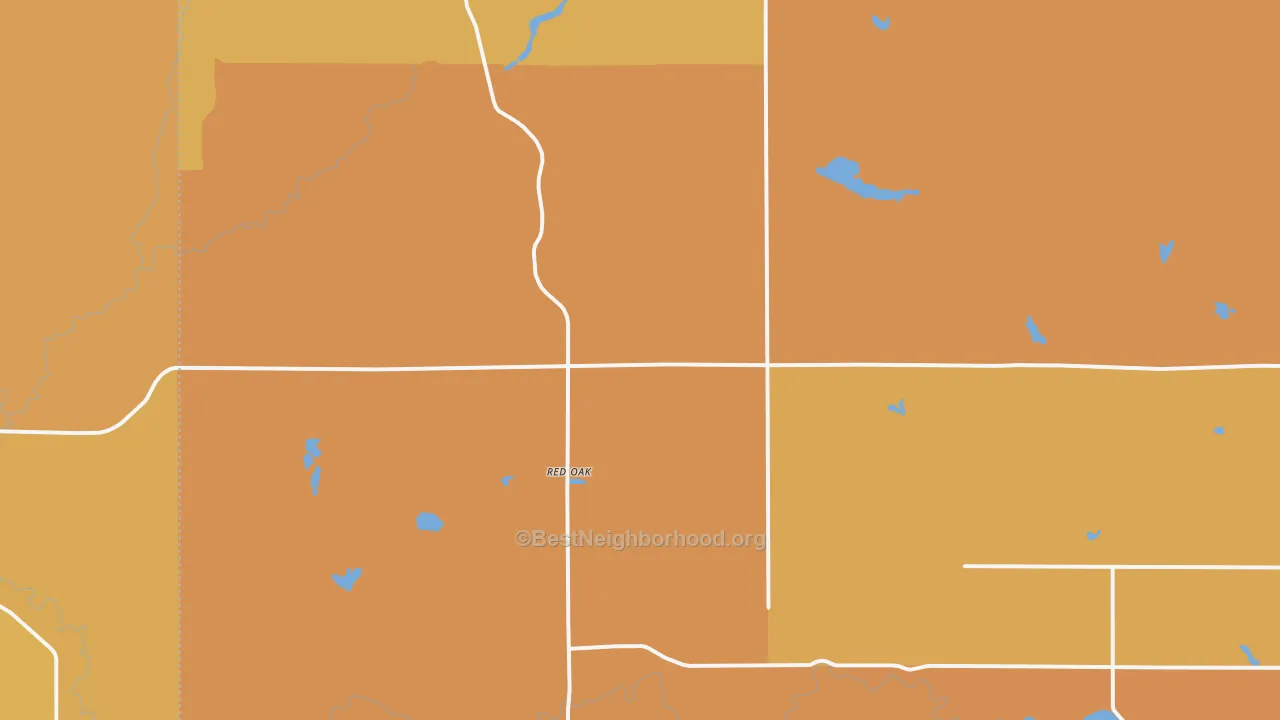 Map of the best neighborhoods in the Red Oak area, with better matches in green and worse matches in red