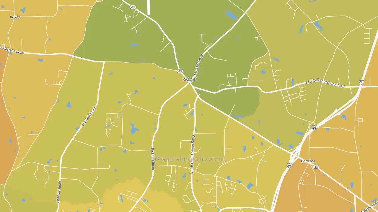 Map of the best neighborhoods in the Red Oak area, with better matches in green and worse matches in red
