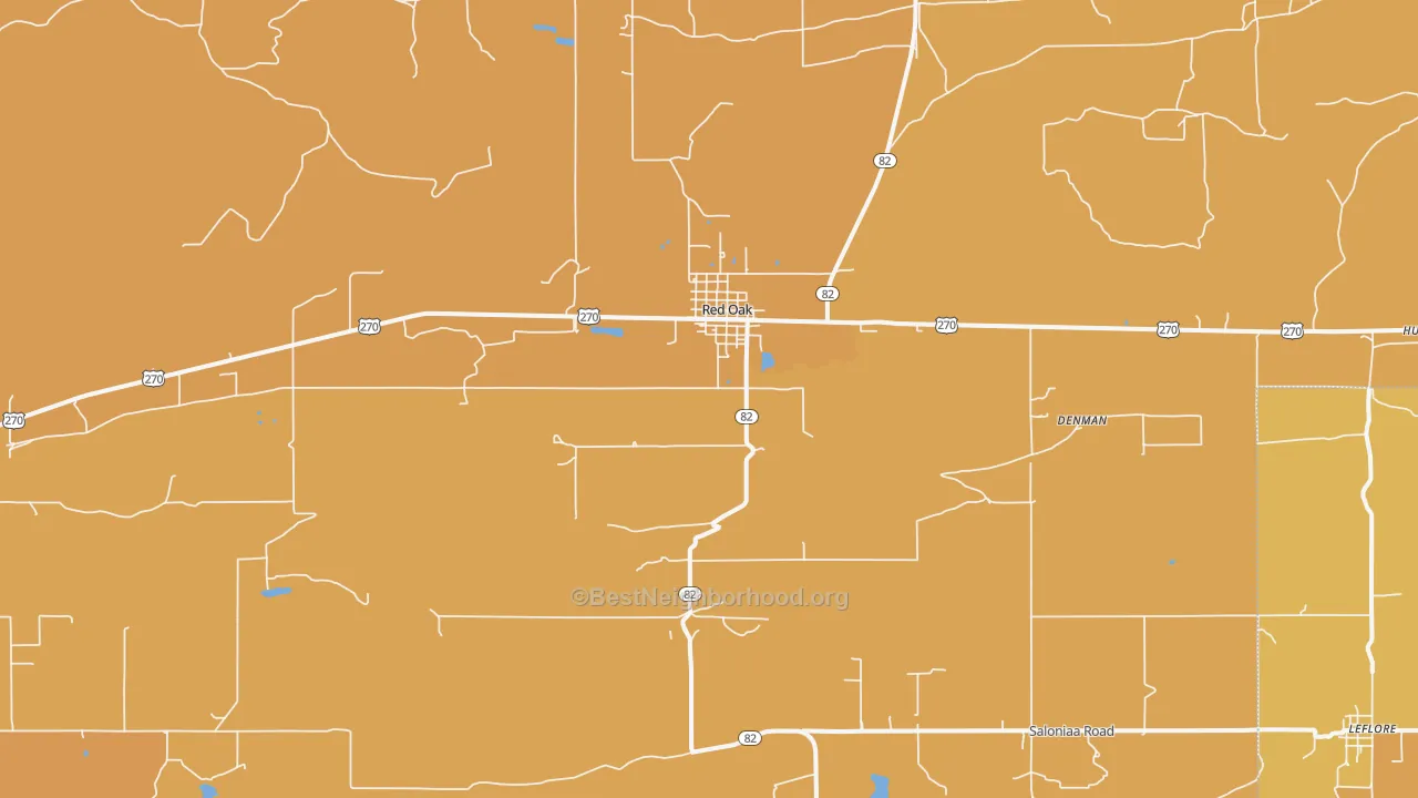 Map of the best neighborhoods in the Red Oak area, with better matches in green and worse matches in red