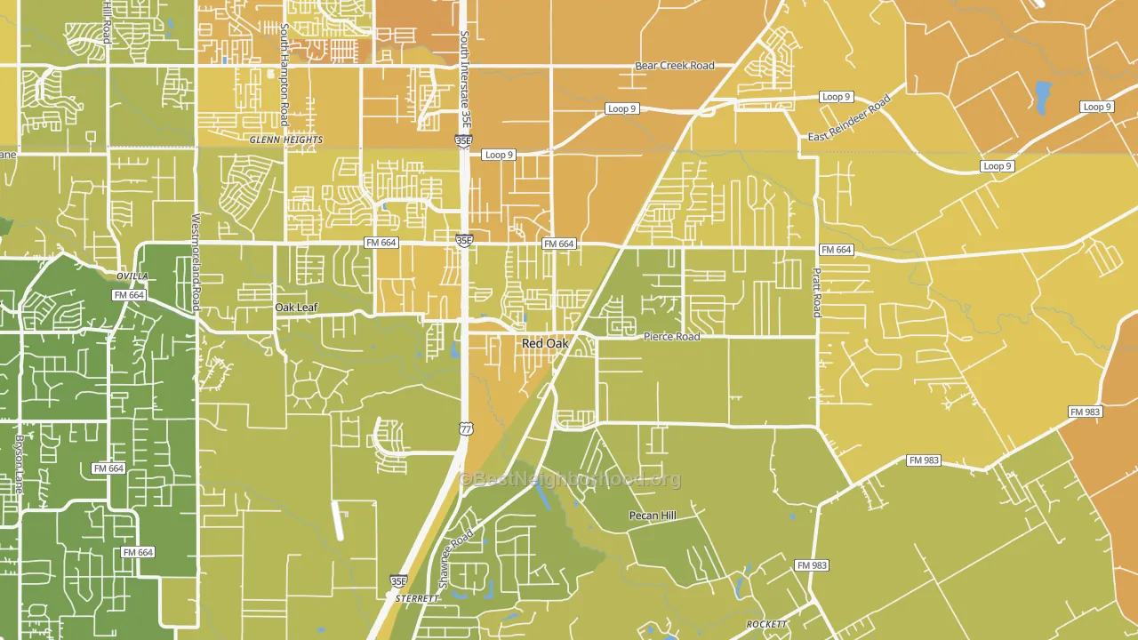 Map of the best neighborhoods in the Red Oak area, with better matches in green and worse matches in red