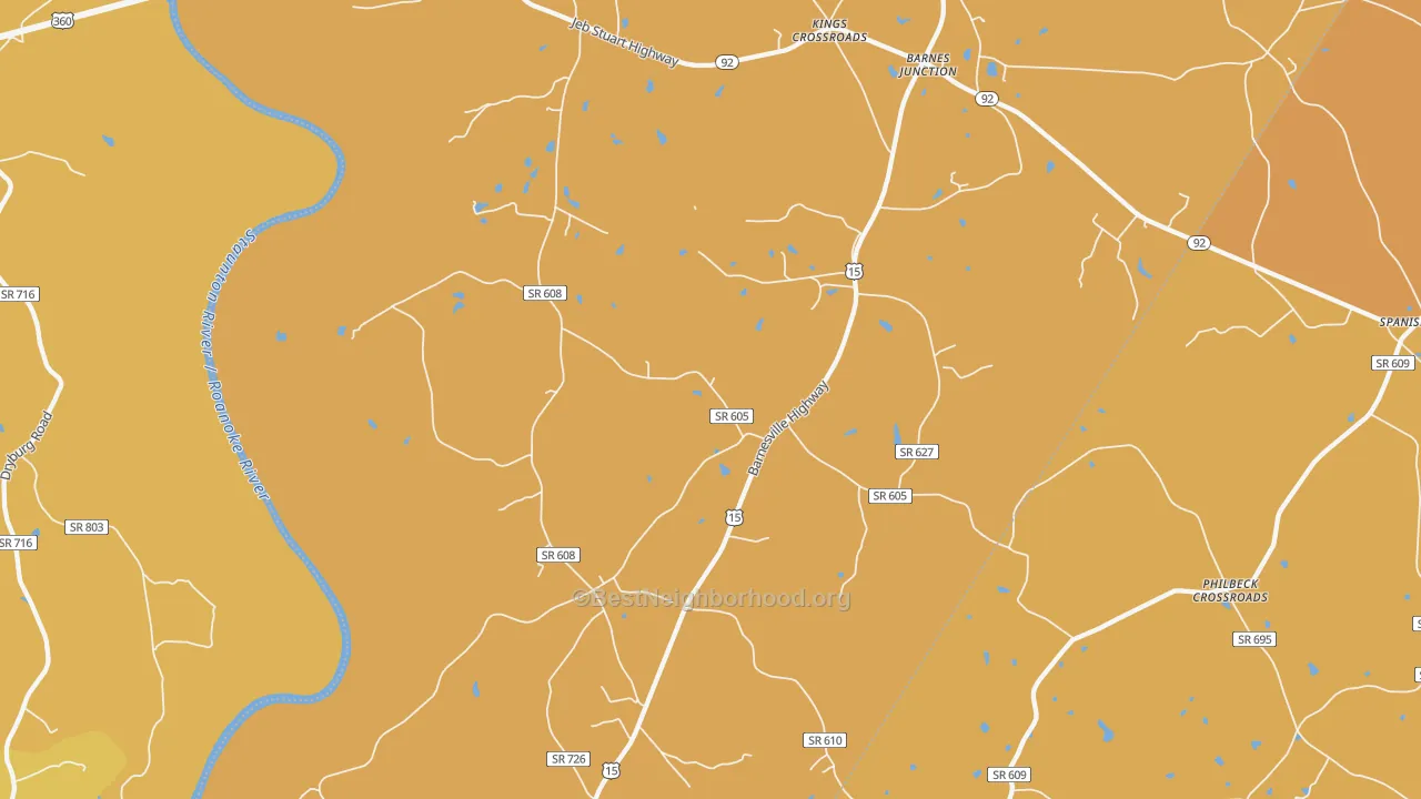 Map of the best neighborhoods in the Red Oak area, with better matches in green and worse matches in red