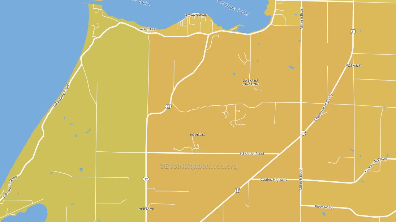 Map of the best neighborhoods in the Red Park area, with better matches in green and worse matches in red