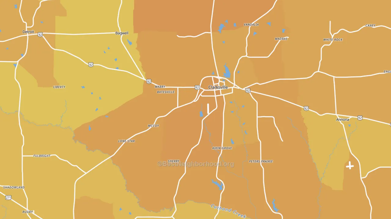 Map of the best neighborhoods in the Red River County area, with better matches in green and worse matches in red