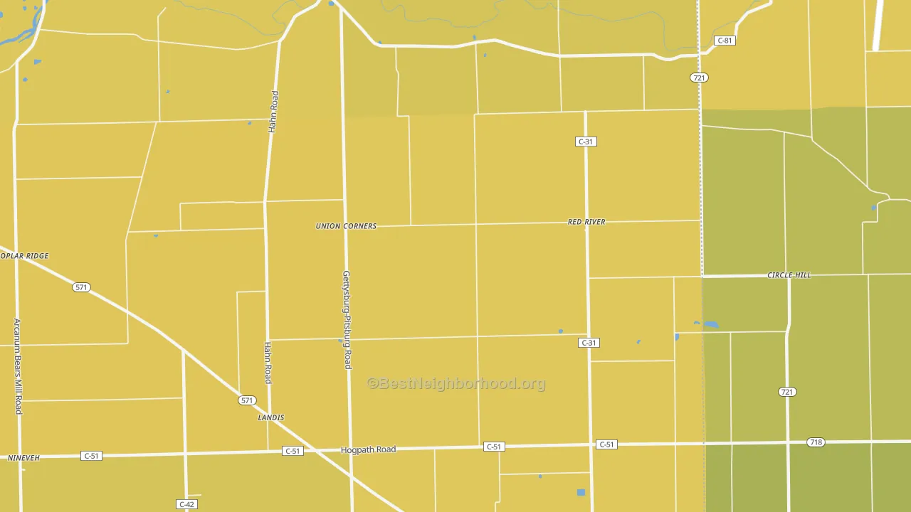 Map of the best neighborhoods in the Red River area, with better matches in green and worse matches in red