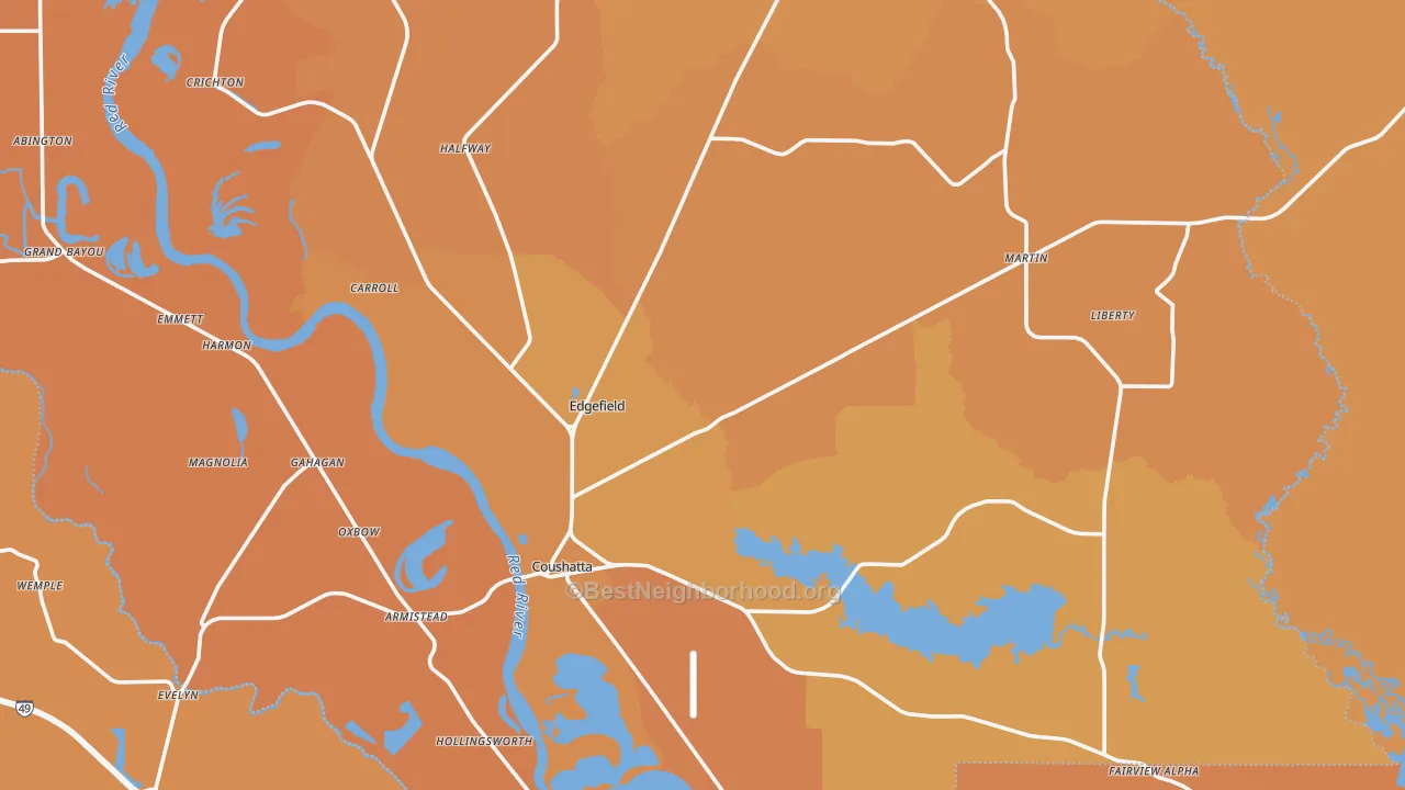Map of the best neighborhoods in the Red River Parish area, with better matches in green and worse matches in red