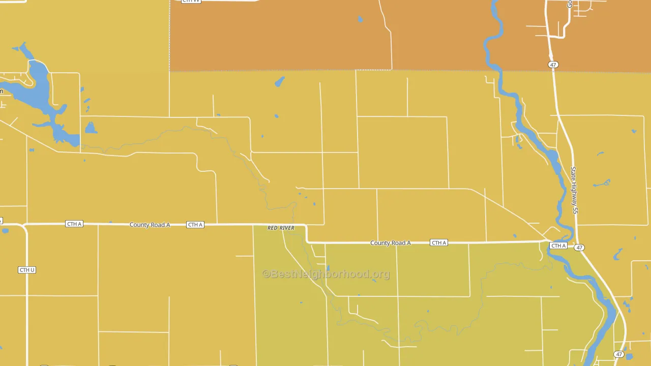Map of the best neighborhoods in the Red River area, with better matches in green and worse matches in red