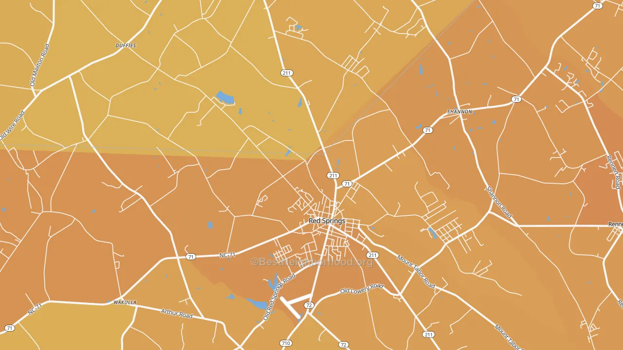 Map of the best neighborhoods in the Red Springs area, with better matches in green and worse matches in red