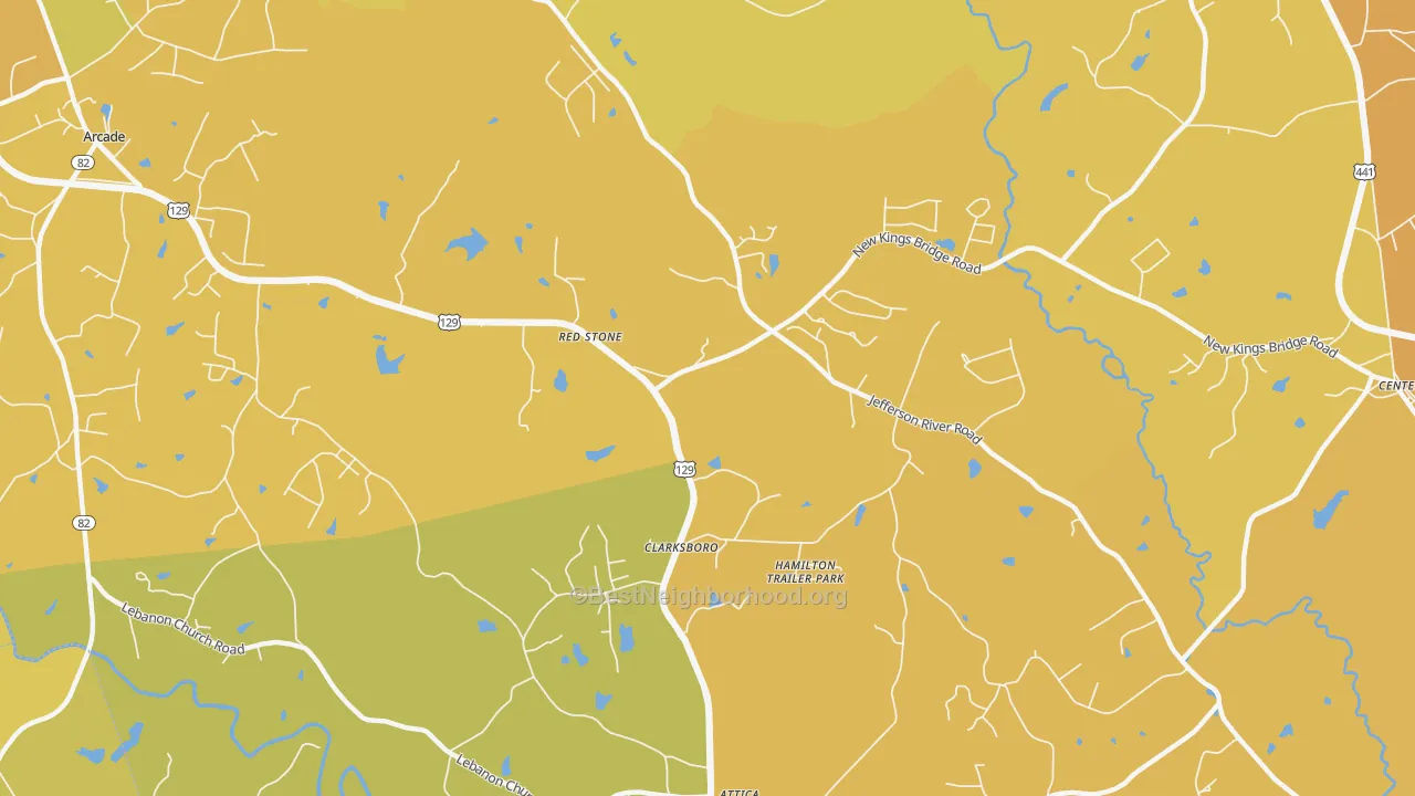Map of the best neighborhoods in the Red Stone area, with better matches in green and worse matches in red