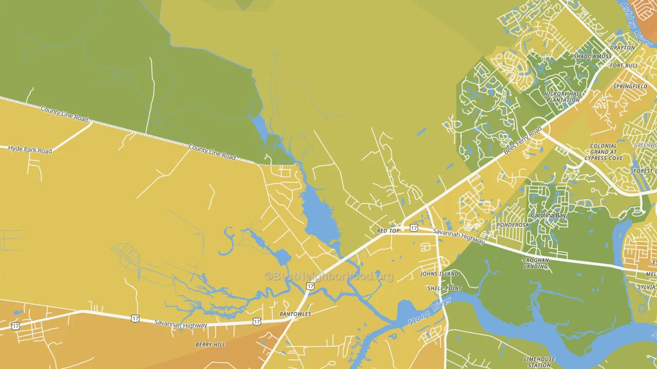 Map of the best neighborhoods in the Red Top area, with better matches in green and worse matches in red