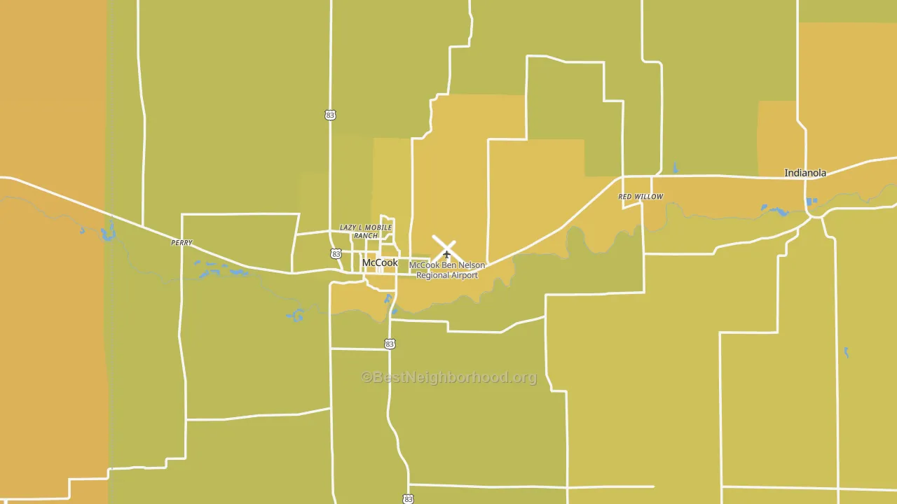 Map of the best neighborhoods in the Red Willow County area, with better matches in green and worse matches in red