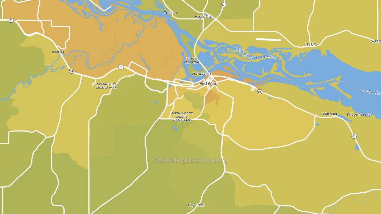 Map of the best neighborhoods in the Red Wing area, with better matches in green and worse matches in red