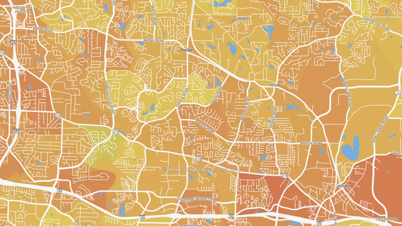 Map of the best neighborhoods in the Redan area, with better matches in green and worse matches in red