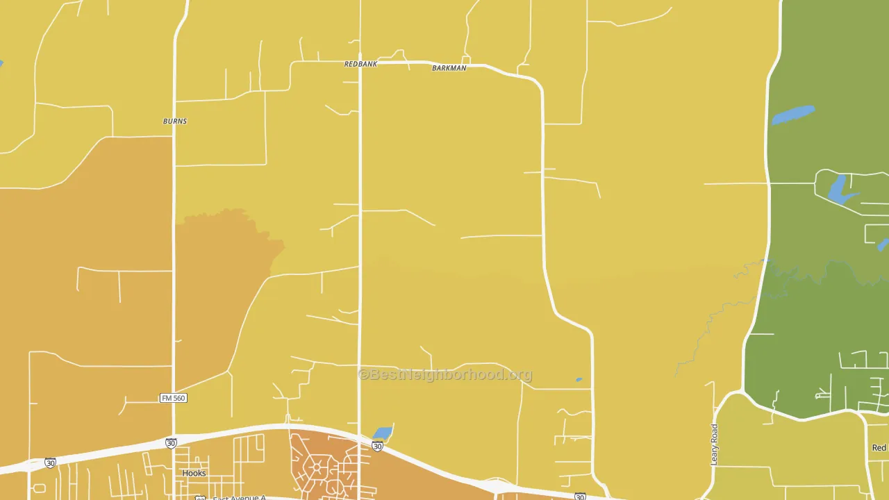 Map of the best neighborhoods in the Redbank area, with better matches in green and worse matches in red