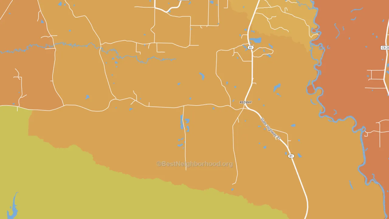 Map of the best neighborhoods in the Redbay area, with better matches in green and worse matches in red