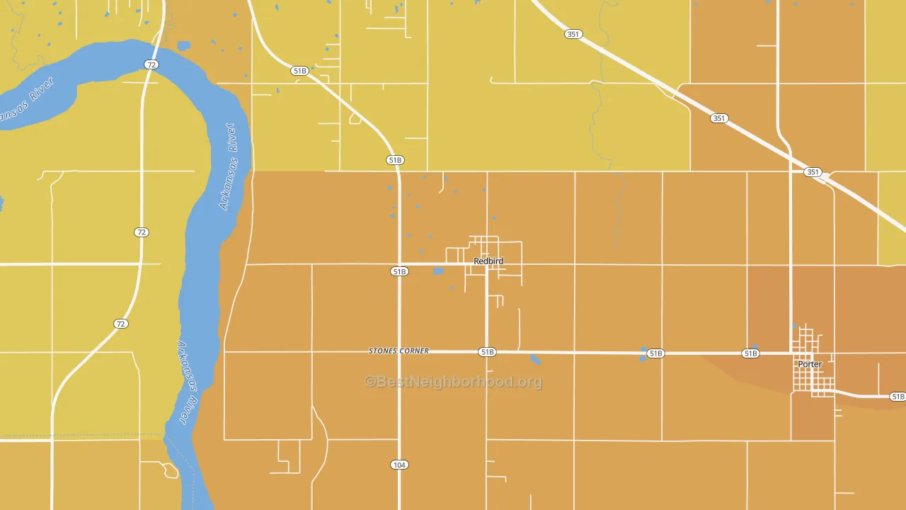 Map of the best neighborhoods in the Redbird area, with better matches in green and worse matches in red