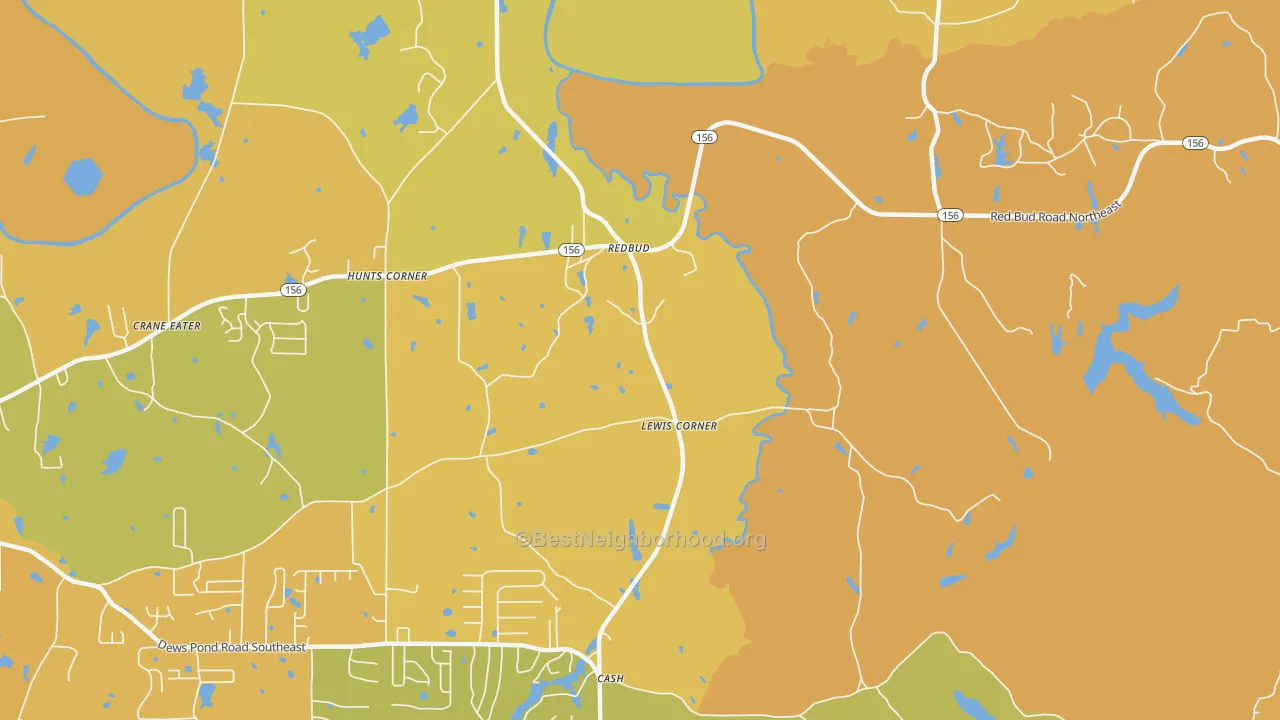 Map of the best neighborhoods in the Redbud area, with better matches in green and worse matches in red