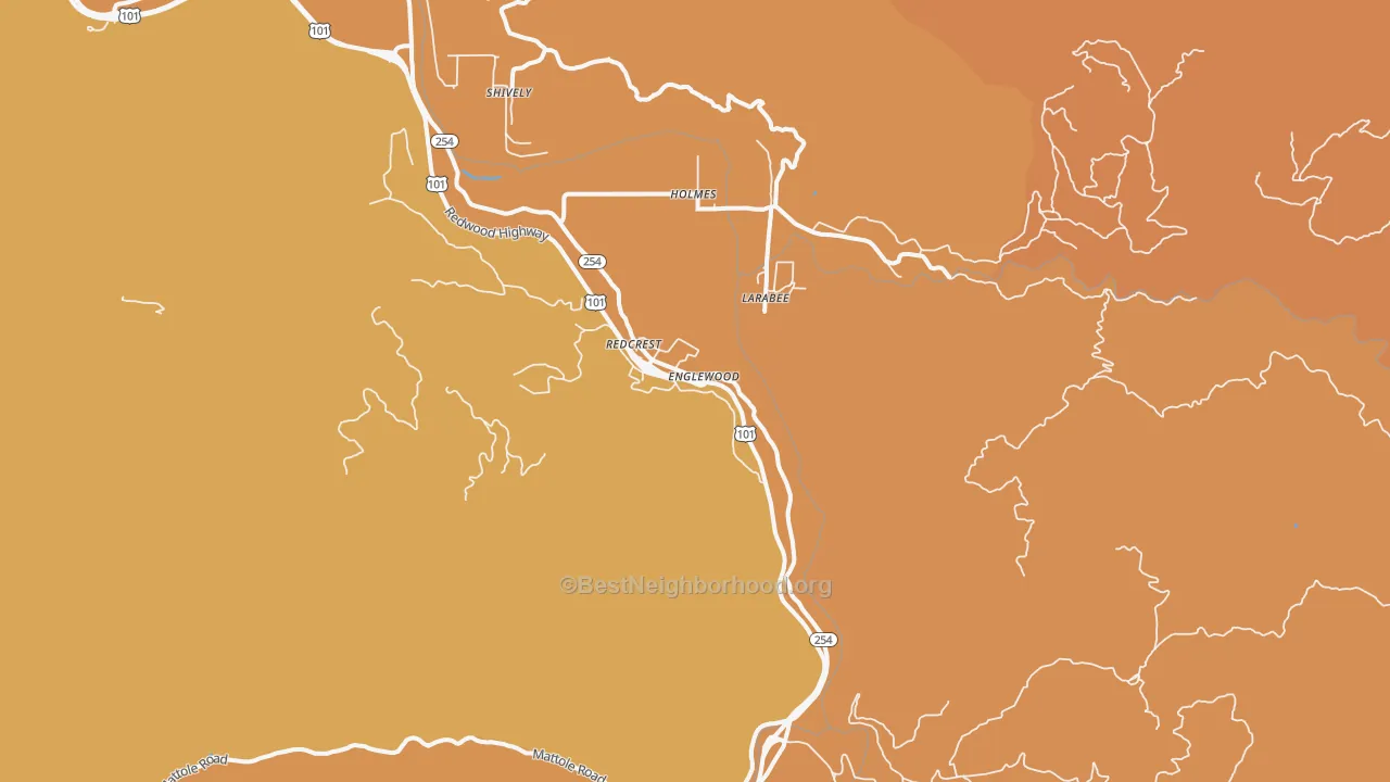 Map of the best neighborhoods in the Redcrest area, with better matches in green and worse matches in red