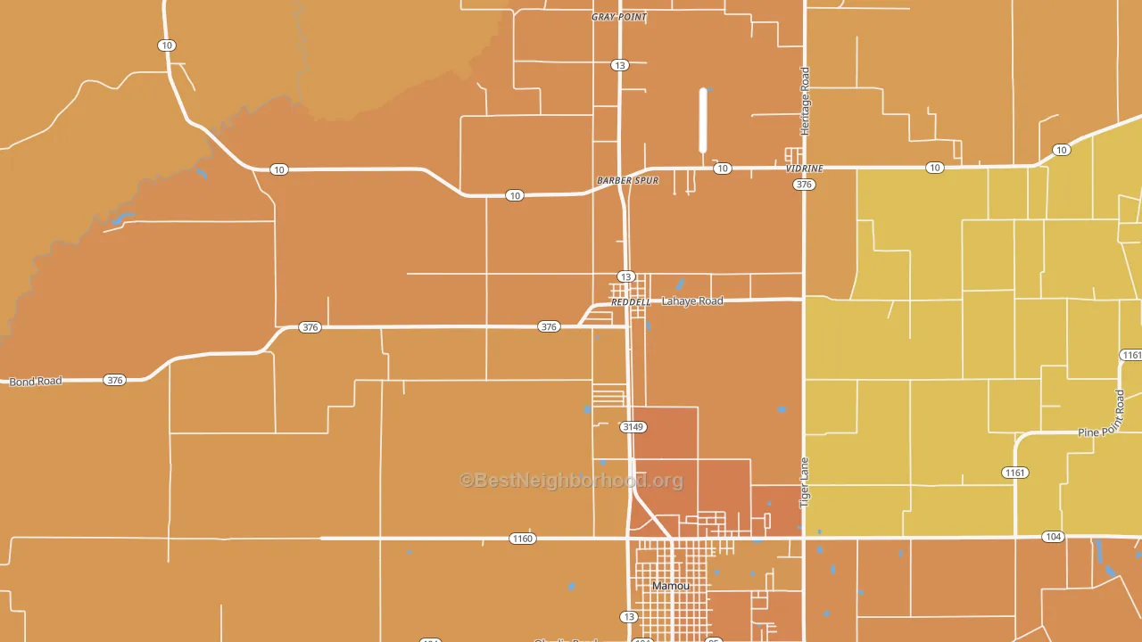 Map of the best neighborhoods in the Reddell area, with better matches in green and worse matches in red