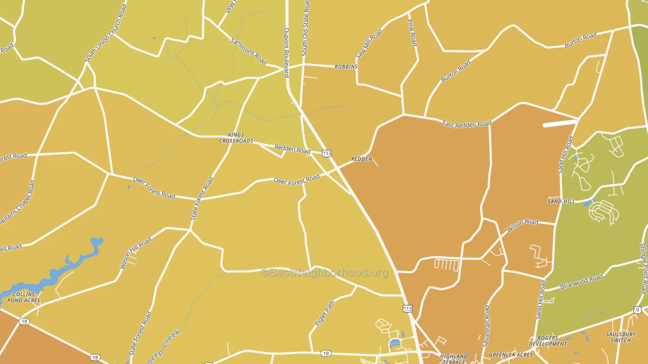 Map of the best neighborhoods in the Redden area, with better matches in green and worse matches in red