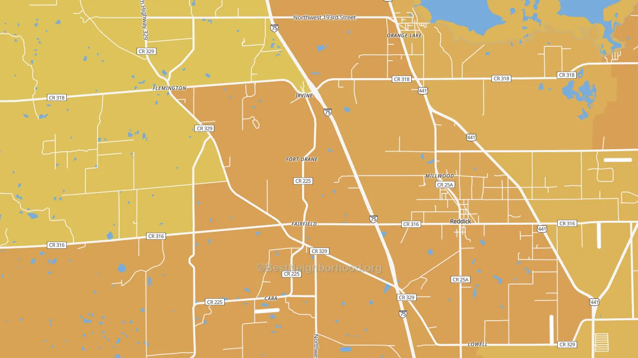 Map of the best neighborhoods in the Reddick area, with better matches in green and worse matches in red
