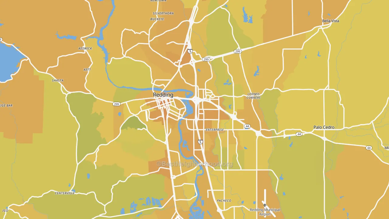 Map of the best neighborhoods in the Redding Metro area, with better matches in green and worse matches in red